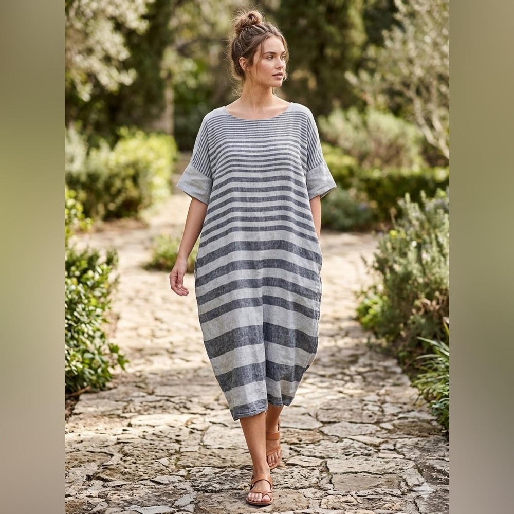 La Bottega di Brunella Italy Striped linen Maxi Dress Gray lagenlook costal XL